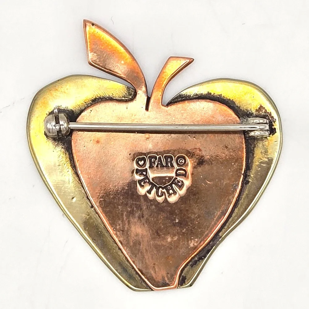 Far‎ Fetched Mixed Metal Brooch Apple Heart Sterling Silver Copper 1990s Mexico